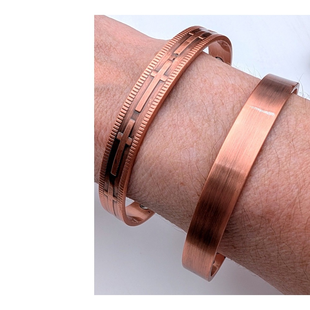 Mens Copper Magnetic Therapy Cuff Bracelet Set Cross Embossed Brushed 2pc